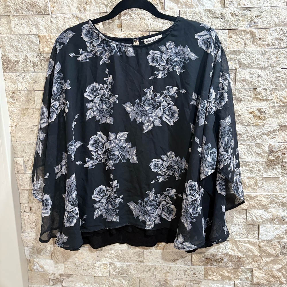 Faith and Joy Black Sheer Floral Blouse size 2X